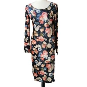 Crushed velvet floral long sleeve midi dress